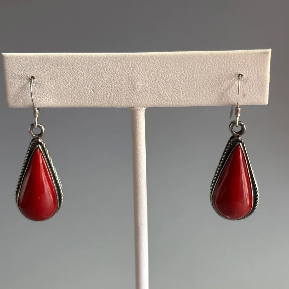 925 Sterling Silver Red Stone Teardrop Drop Earrings Southwest Twisted Rope 1.5